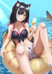  1girl animal_ear_fluff animal_ears bare_arms bare_shoulders barefoot bikini black_bikini black_hair breasts cat_ears cup drinking_glass eyewear_on_head front-tie_bikini front-tie_top green_eyes halter_top halterneck highres holding innertube ironatsuki karyl_(princess_connect!) knees_up long_hair looking_at_viewer medium_breasts midriff multicolored_hair navel open_fly princess_connect! short_shorts shorts smile solo stomach streaked_hair string_bikini sunglasses swimsuit thighs toenail_polish v-shaped_eyebrows white_shorts 