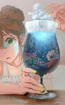  1girl absurdres brown_hair clouds coral cup fish glass green_eyes hair_between_eyes highres holding holding_cup medium_hair ocean original ryoka_pic shirt table underwater water water_drop white_shirt yellow_nails 