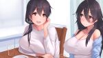  2girls bangs bare_shoulders black_hair blue_sweater blush breasts brown_eyes chair cup drinking_glass eyebrows_visible_through_hair fork hair_between_eyes hair_over_shoulder highres large_breasts long_hair looking_at_another looking_at_viewer low_tied_hair multiple_girls natsuishi_nana open_mouth original plate sweater table tank_top white_sweater white_tank_top 