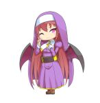  1girl ;) arcana_heart bangs bat_wings belt brown_footwear brown_hair chibi clarice_di_lanza closed_mouth dress eyebrows_visible_through_hair hand_on_own_chest index_finger_raised long_hair long_sleeves looking_at_viewer nun one_eye_closed pecka pink_eyes purple_dress simple_background smile solo standing very_long_hair white_background wings 