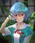  1girl absurdres ayanami_rei bangs blue_hair blurry blurry_background blurry_foreground closed_mouth collared_shirt hair_between_eyes hand_in_hair highres looking_at_viewer neck_ribbon neon_genesis_evangelion red_eyes red_ribbon ribbon sailor_collar sailor_shirt sakura-wars school_uniform shiny shiny_hair shirt short_hair short_sleeves solo upper_body white_sailor_collar white_shirt 