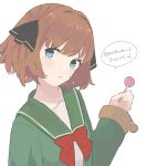  1girl bangs black_ribbon blue_eyes brown_hair candy dated food green_jacket green_sailor_collar hachijou_(kancolle) hair_ribbon holding holding_candy holding_food holding_lollipop ichiroku_(sakumogu-029) jacket kantai_collection lollipop long_sleeves one-hour_drawing_challenge parted_lips pom_pom_(clothes) ribbon sailor_collar short_hair simple_background solo twitter_username upper_body white_background 