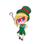  1girl :d arcana_heart bangs black_footwear black_headwear blonde_hair bow bowtie chibi dorothy_albright eyebrows_visible_through_hair gloves green_shirt green_skirt hat holding holding_scepter looking_at_viewer masked open_mouth pecka red_bow red_neckwear scepter shirt short_hair short_sleeves simple_background skirt smile solo top_hat white_background white_gloves white_legwear 