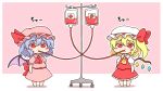  2girls :t ambiguous_red_liquid ascot bangs bat_wings blonde_hair blood blood_bag blue_hair blush_stickers border bow chibi crystal dress drinking eyebrows_visible_through_hair flandre_scarlet full_body hair_between_eyes hair_bow hat highres mob_cap multiple_girls one_side_up outline petticoat pink_background pink_dress pink_headwear puffy_short_sleeves puffy_sleeves red_bow red_dress red_eyes red_neckwear red_skirt red_vest remilia_scarlet shitacemayo short_hair short_sleeves siblings sisters skirt standing touhou vest white_border white_headwear white_outline wings yellow_neckwear 