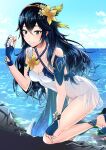  1girl ameno_(a_meno0) armor bangs bikini blue_eyes blue_gloves blue_hair blue_sky breasts collarbone day fingerless_gloves fire_emblem fire_emblem_awakening flower gloves hair_flower hair_ornament hair_ribbon lips long_hair looking_at_viewer lucina_(fire_emblem) medium_breasts ocean outdoors ribbon see-through shoulder_armor sky smile solo swimsuit symbol-shaped_pupils tiara water wet white_bikini white_flower white_swimsuit yellow_flower 