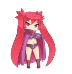  1girl arcana_heart bangs black_footwear boots chibi cloak closed_mouth eyebrows_visible_through_hair full_body long_hair looking_at_viewer navel pecka red_eyes redhead scharlachrot simple_background smile solo standing twintails v-shaped_eyebrows very_long_hair white_background 