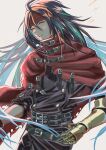  1boy black_hair buckle clawed_gauntlets cloak doseki89 final_fantasy final_fantasy_vii gloves headband highres long_hair looking_at_viewer messy_hair pale_skin red_cloak red_eyes red_headband sleeves_rolled_up vincent_valentine 