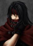  1boy black_hair cloak final_fantasy final_fantasy_vii gloves headband hidden_mouth highres long_hair nimoji_(taro3p) pale_skin red_cloak red_eyes red_headband vincent_valentine 