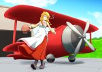  100_percent_orange_juice 1girl aircraft airplane apron beige_shirt biplane boots braid closed_eyes closed_mouth clouds flying_red_barrel full_body helmet highres holding holding_helmet long_hair long_skirt long_sleeves marc_(red_barrel) musical_note orange_hair rakkidei red_skirt skirt sky twin_braids 
