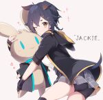  1girl :3 ;) a.a_(aa772) animal_ears arknights ass bike_shorts black_hair black_jacket black_shorts blush breasts brown_eyes character_name cowboy_shot dog_ears dog_tail extra_ears from_side grey_skirt hair_ornament hood hood_down hooded_jacket hug jacket jackie_(arknights) looking_at_viewer looking_to_the_side medium_breasts miniskirt object_hug one_eye_closed open_clothes open_jacket shirt short_hair short_sleeves shorts shorts_under_skirt simple_background skirt smile solo standing stuffed_animal stuffed_bunny stuffed_toy tail thighs white_background white_shirt yellow_neckwear 