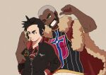  2boys arm_around_shoulder batabiru beard black_eyes black_hair bright_pupils cape champion_uniform closed_mouth collared_shirt commentary_request dark-skinned_male dark_skin facial_hair fur-trimmed_cape fur_trim green_eyes grin hand_up hands_in_pockets highres jacket kabu_(pokemon) long_sleeves male_focus multiple_boys peony_(pokemon) pokemon pokemon_(game) pokemon_swsh red_cape red_shirt shirt short_hair shorts smile teeth white_pupils white_shorts younger zipper zipper_pull_tab 