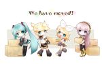  1boy 3girls :d bangs blonde_hair blue_eyes blue_hair boots bow box box_stack cardboard_box carrying chibi collared_shirt cross-laced_footwear detached_sleeves english_text hair_bow hair_ornament hairclip hatsune_miku headphones headset high_collar holding holding_box kagamine_len kagamine_rin kayano_celica lace-up_boots leaning_forward leg_warmers long_hair long_sleeves looking_back megurine_luka multiple_girls necktie open_mouth picking_up pink_hair pleated_skirt ponytail sailor_collar shirt short_hair shorts side_slit skirt sleeveless sleeveless_shirt smile thigh-highs thigh_boots very_long_hair vocaloid walking 