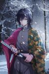  1boy absurdres belt belt_buckle black_hair blurry blurry_background buckle cha_hou cowboy_shot forest grey_jacket grey_pants haori highres holding holding_sheath holding_sword holding_weapon jacket japanese_clothes katana kimetsu_no_yaiba long_sleeves low_ponytail nature outdoors pants sheath shiny shiny_hair snow snowing solo sword tomioka_giyuu unsheathing weapon white_belt 