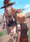 1boy 1girl absurdres arm_behind_back blonde_hair blue_hair blue_sky blurry blurry_background blush boots braid brick_wall brown_cape cape clouds depth_of_field green_eyes hair_between_eyes hat highres huge_filesize long_braid mage_staff mushoku_tensei outstretched_hand roxy_migurdia rudeus_greyrat shizu_(shizuillust) skirt sky smile white_footwear witch_hat 