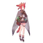  1girl ahoge animal_ears arknights black_choker bow brown_gloves cape choker dress flashbang fox_ears fox_girl fox_tail frilled_dress frills full_body glasses gloves green_eyes hair_bobbles hair_bow hair_ornament hair_over_one_eye holding holding_knife id_card karambit knife looking_at_another myrrh_(arknights) official_art pink_legwear purple_cape purple_dress purple_footwear red_bow redhead shoes short_hair socks solo tachi-e tail thigh_strap transparent_background xiayehongming 