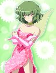  1girl artist_name bangs bare_shoulders blush closed_mouth crossed_arms detached_sleeves dress eyebrows_visible_through_hair eyes_visible_through_hair fairy_wings fantasy floral_background flower green_background green_hair green_neckwear hair_between_eyes hands_up highres kazami_yuuka long_sleeves looking_at_viewer no_hat no_headwear pink_dress pink_sleeves red_eyes remyfive short_hair signature solo sparkle sparkle_print standing touhou white_flower wings winx_club 