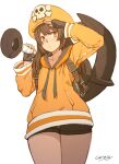 1girl absurdres anchor artist_name bangs bike_shorts brown_hair carcass_(artist) fingerless_gloves gloves guilty_gear guilty_gear_strive hair_between_eyes hat highres holding holding_weapon jacket may_(guilty_gear) orange_headwear orange_jacket pirate_hat salute simple_background skull_and_crossbones solo weapon white_background 