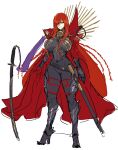  1girl armor bangs black_armor black_bodysuit bodysuit breastplate cape chain collared_cape eyebrows_visible_through_hair fate/grand_order fate_(series) full_body greaves hair_over_one_eye high_heels highres katana long_hair looking_to_the_side medallion melon22 oda_nobunaga_(fate)_(all) oda_nobunaga_(maou_avenger)_(fate) planted planted_sword red_cape red_eyes sheath simple_background skin_tight solo sword weapon white_background 