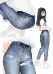  1girl ama_mitsuki arms_behind_back ass belt belt_buckle black_hair brown_eyes buckle denim full_body jeans long_hair looking_at_viewer looking_back mask mouth_mask multiple_views original own_hands_together pants shirt shirt_tucked_in short_sleeves simple_background squatting standing torn_clothes torn_jeans torn_pants white_background white_footwear white_shirt 