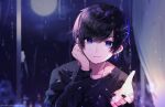  1boy bangs black_hair black_nails black_shirt blue_eyes blurry blurry_background collarbone commentary_request ear_piercing jewelry long_sleeves moon nail_polish necklace night original piercing rain reaching_out ring shirt short_hair smile solo window yuduki 