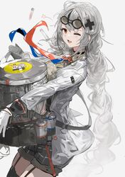  1girl absurdres alchemaniac bangs blue_neckwear braid english_commentary gloves goggles goggles_on_head grey_background grey_hair grey_shorts highres holding jacket labcoat long_hair necktie nijisanji nijisanji_id orange_neckwear red_eyes shorts smile solo test_tube twin_braids very_long_hair virtual_youtuber white_gloves white_jacket xia_ekavira 