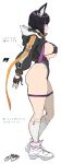  1girl absurdres animal_ears ass bikini black_hair breasts cat_ears cat_girl commentary_request cropped_jacket from_side full_body highres kneehighs large_breasts leotard long_sleeves multicolored_hair ookuma_nekosuke original parted_lips purple_hair shoes short_sleeves simple_background solo standing streaked_hair swimsuit teeth thigh_strap translation_request two-tone_hair watermark white_background 