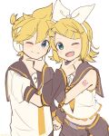  1boy 1girl arm_warmers bangs bare_shoulders bass_clef black_collar black_shorts blonde_hair blue_eyes bow collar commentary crop_top fang grey_collar grey_shorts grey_sleeves hair_bow hair_ornament hairclip hand_on_another&#039;s_chin headphones highres holding_hands kagamine_len kagamine_rin looking_at_viewer m0ti midriff nail_polish navel neckerchief necktie one_eye_closed open_mouth sailor_collar school_uniform shirt short_hair short_ponytail short_sleeves shorts shoulder_tattoo sleeveless sleeveless_shirt smile spiky_hair swept_bangs symmetry tattoo treble_clef upper_body vocaloid white_background white_bow white_shirt yellow_nails yellow_neckwear 