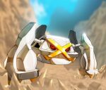  alternate_color black_sclera blurry claws colored_sclera commentary_request day drunkoak gen_3_pokemon metagross no_humans outdoors pokemon pokemon_(creature) red_eyes rock shiny shiny_pokemon solo 