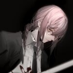  1girl bangs black_background blood bloody_clothes chainsaw_man coat eyebrows_behind_hair kumatangent long_hair makima_(chainsaw_man) necktie pink_hair ponytail shirt simple_background smile solo upper_body white_shirt yellow_eyes 