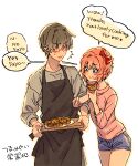 1boy 1girl :t ^^^ apron bangs black_apron blue_eyes blue_shorts blush bow brown_hair casual commentary cookie covered_eyes doki_doki_literature_club eating english_commentary english_text food grey_shirt hair_bow hair_over_eyes hetero holding holding_tray long_sleeves pink_hair pink_shirt protagonist_(doki_doki_literature_club) ranguage red_bow sayori_(doki_doki_literature_club) shirt short_hair short_shorts shorts simple_background smile sora_(efr) speech_bubble translated tray tsundere white_background