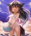  1girl animal_ears ball beach beachball black_hair blush casual_one-piece_swimsuit child clouds collar dog_ears dog_girl dog_tail eyebrows eyebrows_visible_through_hair hair_intakes highres holding_ball kannagi_cocoa long_hair one-piece_swimsuit open_mouth original outdoors red_eyes ribbon sharp_teeth sky solo swimsuit tail tears teeth thighs toba_hiyoko wading white_swimsuit 