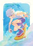  1boy artist_name bandaged_arm bandages bandaid bandaid_on_knee bangs bare_shoulders birthday blue_background blue_eyes border closed_mouth clouds collarbone commentary dated dated_commentary full_body hair_between_eyes holding hunter_x_hunter kariki_hajime killua_zoldyck looking_at_viewer male_focus messy_hair purple_footwear purple_shorts shoes short_hair shorts sidelighting skateboard skateboarding sleeveless sneakers solo spiky_hair spread_fingers tank_top twitter_username white_border white_hair white_tank_top yo-yo 