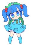  1girl backpack bag bangs blue_eyes blue_footwear blue_hair blue_shirt blue_skirt boots chibi collared_shirt flat_cap front_ponytail green_headwear hair_bobbles hair_ornament hat highres kappa kawashiro_nitori key long_sleeves medium_hair op_na_yarou rubber_boots shirt short_twintails sidelocks skirt skirt_set touhou twintails two_side_up 