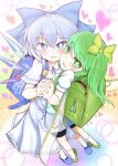  backpack bag blue_eyes blue_footwear blue_hair blush bow bright_pupils cheek-to-cheek cirno crime_prevention_buzzer daiyousei dress from_above full_body green_eyes green_footwear green_hair hair_bow highres hug ice ice_wings interlocked_fingers looking_at_viewer randoseru smile standing touhou white_pupils wings yassy yuri 