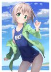  1girl beach blue_sky blue_swimsuit clouds commentary_request contrapposto cowboy_shot day flat_chest green_eyes green_jacket grey_hair horizon jacket kohshibasaki looking_at_viewer open_clothes open_jacket outdoors school_swimsuit short_hair sky solo standing swimsuit yama_no_susume yukimura_aoi 