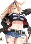  1girl absurdres animal_ears arm_behind_head arm_up bandeau bangs belt black_belt black_jacket blonde_hair blue_eyes blue_nails blush breasts chain commentary_request cowboy_shot cutoffs denim denim_shorts ear_bow eyebrows_visible_through_hair from_below gold_chain gold_city_(umamusume) groin hands_up highres horse_ears horse_girl horse_tail jacket large_breasts long_hair long_sleeves looking_at_viewer midriff multicolored_nails nail_polish navel open_clothes open_jacket parted_lips red_nails shorts sidelocks simple_background skindentation solo standing striped_bandeau swept_bangs tail thigh_gap thigh_strap twitter_username umamusume white_background yamano_rokamizu zipper zipper_pull_tab 