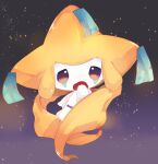  absurdres banchiku brown_eyes commentary_request full_body gen_3_pokemon hand_up highres jirachi looking_at_viewer mythical_pokemon night no_humans open_mouth outdoors pokemon pokemon_(creature) ribbon sleepy solo tongue yawning 