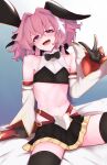  1boy absurdres animal_ears astolfo_(fate) astolfo_(saber)_(fate) bare_shoulders black_bow black_gloves black_legwear black_neckwear black_ribbon blush bow bowtie detached_sleeves doyagao fake_animal_ears fang fate/grand_order fate_(series) gloves hair_bow hair_intakes hair_ribbon highres huge_filesize long_hair looking_at_viewer low_twintails male_focus midriff multicolored_hair navel otoko_no_ko pectorals pink_hair rabbit_ears ribbon skin_fang smile smug solo streaked_hair thigh-highs twintails v violet_eyes white_hair wing_collar yoomix 