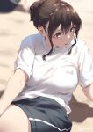  1girl aya_(jonsun) bangs black_shorts blush breasts brown_eyes brown_hair jonsun large_breasts long_hair looking_to_the_side original parted_lips shirt short_sleeves shorts sidelocks sitting tied_hair white_shirt 