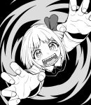  +_+ 1girl bangs black_background drooling grey_background greyscale hair_ribbon long_sleeves looking_at_viewer monochrome neck_ribbon oninamako open_mouth outstretched_arms ribbon rumia sharp_teeth shirt short_hair smile solo teeth touhou white_shirt 