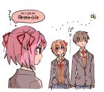  1boy 2girls bangs bilingual blue_eyes brown_hair bug butterfly commentary covered_eyes doki_doki_literature_club grey_jacket hair_over_eyes hair_ribbon insect jacket lowres multiple_girls natsuki_(doki_doki_literature_club) open_clothes open_jacket open_mouth pink_hair protagonist_(doki_doki_literature_club) red_ribbon ribbon sayori_(doki_doki_literature_club) school_uniform short_hair simple_background sora_(efr) thought_bubble translation_request two_side_up white_background 