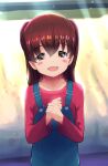  1girl bangs blurry blurry_background blush_stickers brown_eyes child collarbone commentary english_commentary eyebrows_visible_through_hair highres long_hair long_sleeves looking_at_viewer original overalls qm red_shirt redhead shirt smile 