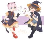  alternate_costume animal_ears bag black_cape black_dress black_footwear black_headwear black_legwear boots brown_hair cape cat_ears cat_tail dated dress fake_animal_ears frilled_dress frills fubuki_(kancolle) full_body ghost green_eyes hat hiroe_(cosmos_blue-02_421) jack-o&#039;-lantern kantai_collection long_hair looking_at_viewer low_ponytail messenger_bag one_eye_closed overalls ponytail red_footwear shiranui_(kancolle) shirt short_ponytail short_sleeves shoulder_bag sidelocks signature smile tail thigh-highs two-tone_dress wand white_shirt witch_hat 