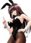  1girl animal_ears aozaki_aoko black_hair black_legwear black_leotard blue_eyes breasts bunny_tail commentary_request cowboy_shot detached_collar hair_intakes highres index_finger_raised large_breasts leotard long_hair looking_at_viewer mahou_tsukai_no_yoru pantyhose playboy_bunny rabbit_ears simple_background smile solo strapless strapless_leotard tail white_background wrist_cuffs yuuk33 