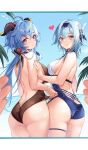  2girls absurdres adjusting_clothes adjusting_swimsuit ahoge ass bare_back black_hairband blue_hair blurry breasts closed_mouth depth_of_field eula_(genshin_impact) eyebrows_visible_through_hair fingers ganyu_(genshin_impact) genshin_impact goat_horns hairband heart highres horns kikimi large_breasts long_hair looking_at_viewer looking_back medium_breasts medium_hair multiple_girls nail_polish ocean one-piece_swimsuit outdoors palm_tree pov sideboob spoken_heart swimsuit thigh_strap tree violet_eyes 