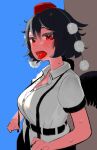  1girl absurdres black_wings blue_background blush breasts commentary_request full-face_blush hat highres hot large_breasts open_mouth shameimaru_aya shirt short_sleeves simple_background solo sweat tokin_hat tongue tongue_out touhou unbuttoned upper_body white_shirt wings 