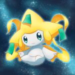  closed_mouth commentary_request full_body gen_3_pokemon glowing grey_eyes jirachi looking_at_viewer mythical_pokemon no_humans outdoors outline pokemon pokemon_(creature) ratemich ribbon smile solo space sparkle 