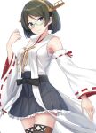  1girl bare_shoulders black_hair blue_eyes blush breasts glasses grey_skirt headgear highres japanese_clothes kantai_collection kirishima_(kancolle) large_breasts looking_at_viewer monoku nontraditional_miko remodel_(kantai_collection) ribbon-trimmed_sleeves ribbon_trim simple_background skirt smile solo thigh-highs white_background wide_sleeves 