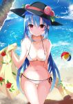  absurdres angry ass_visible_through_thighs ball beach beachball bikini black_headwear blanket blue_hair breasts celestial floral_print food fruit hat hat_ribbon highres hinanawi_tenshi leaf long_hair medium_breasts navel ocean outdoors palm_tree peach red_eyes red_ribbon ribbon sand swimsuit tetsurou_(fe+) touhou tree white_swimsuit 