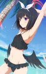  1girl arm_up armpits bangs bikini bird black_bikini black_hair black_wings blue_archive breasts clouds day dutch_angle eyebrows_visible_through_hair hair_ribbon halo highres holding_own_arm ishida_seito low_wings mashiro_(blue_archive) navel ocean palms ribbon short_hair sky small_breasts smile solo standing stretch swimsuit violet_eyes water white_ribbon wings 